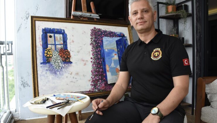 Polis memuru Mehmet Aygün mesai sonrası tuval başında